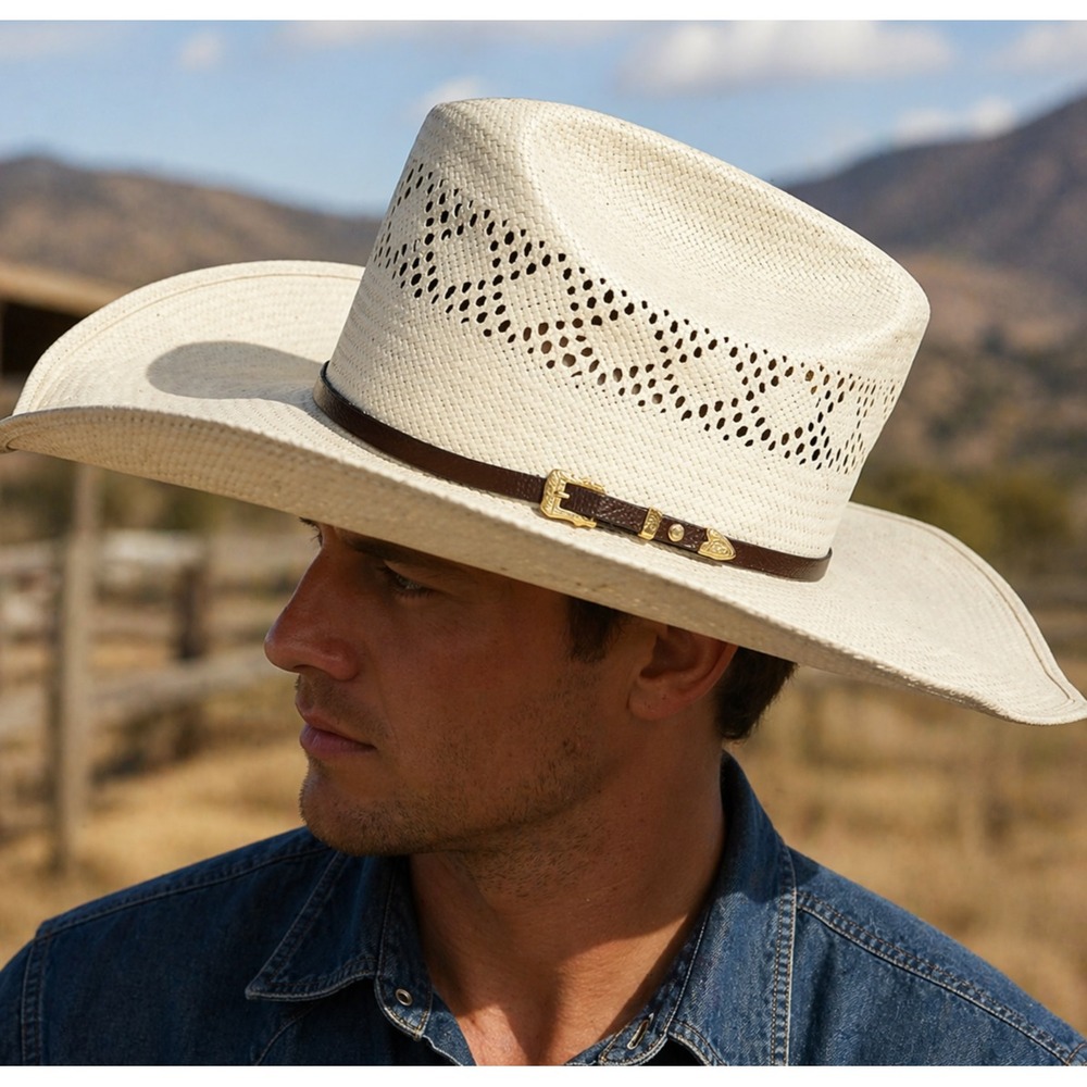Serratelli 10X Shantung Cowboy Hat Western Straw Gold Buckle Band Size 7